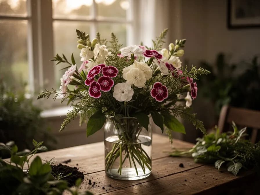 Ensalada de jardín con pétalos de dianthus