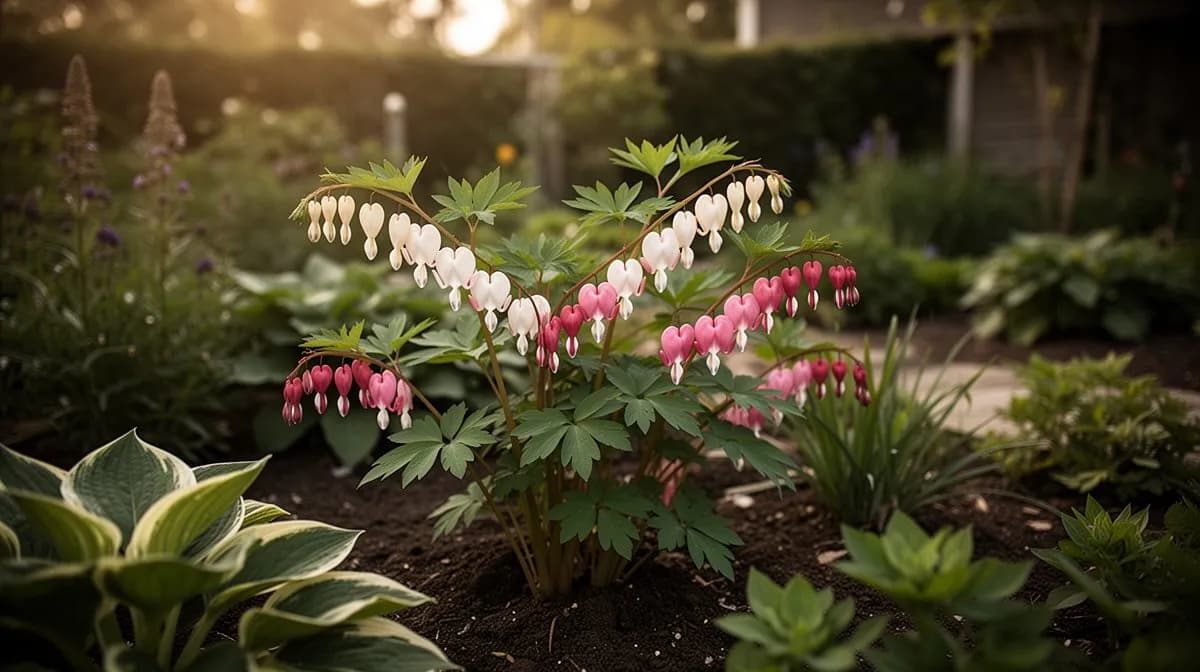 Corazón sangrante plantado junto a hostas y helechos en un jardín boscoso de sombra