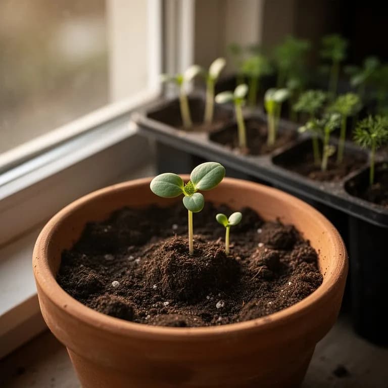 Zarter Dillsämling mit federartigen ersten echten Blättern, der aus dunkler Gartenerde hervorkommt