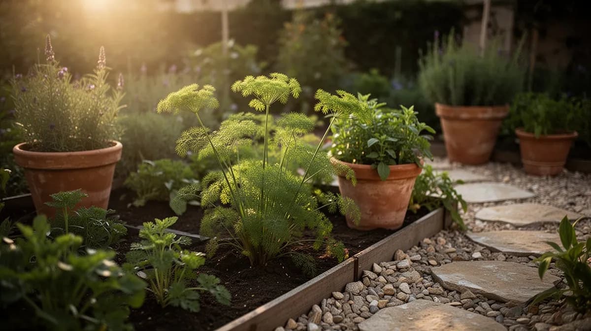 Fernleaf-Dill wächst üppig in einem Terrakottatopf an einem sonnigen Balkongeländer