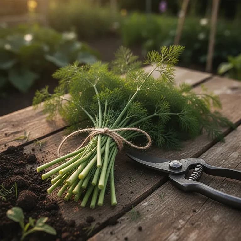 Frische Fernleaf-Dillblätter werden mit einer Kräuterschere in einen Weidenkorb geschnitten
