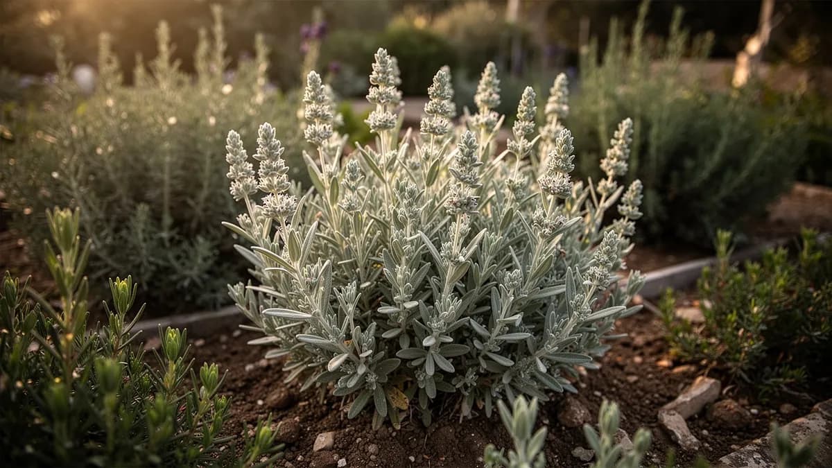 Díctamo de Creta creciendo en la grieta de un muro de piedra en un jardín mediterráneo
