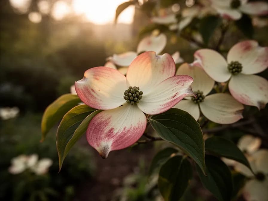 Primer plano de las brácteas del cornejo mostrando cuatro estructuras blancas similares a pétalos rodeando las diminutas flores verdaderas
