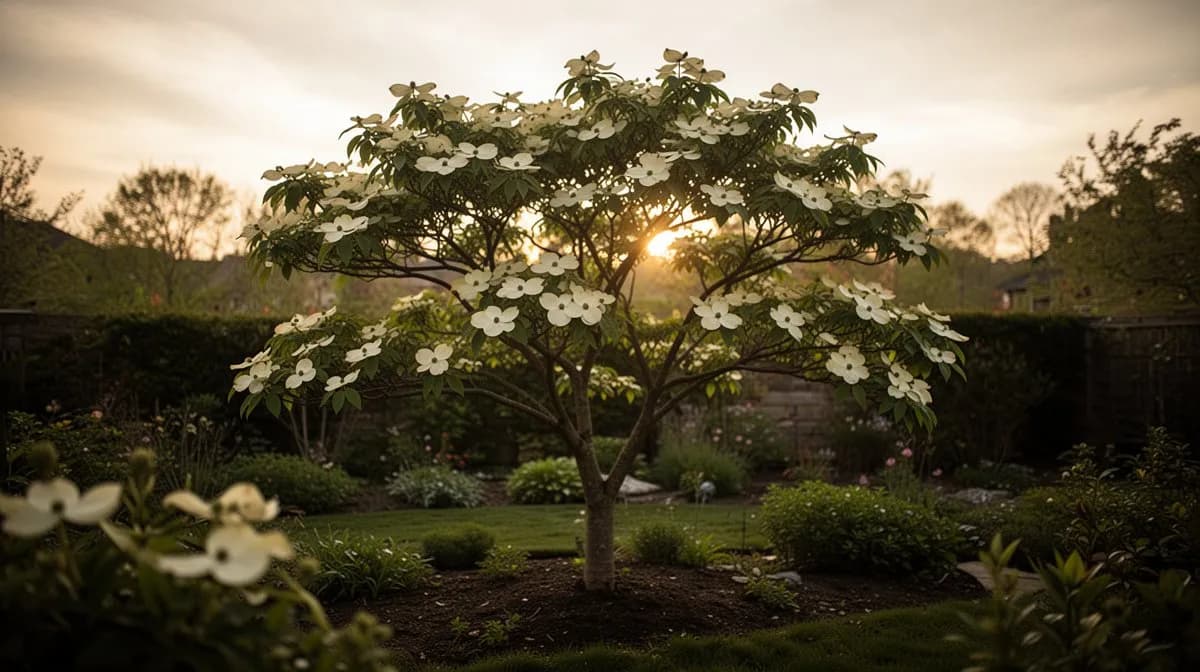 Cornejo con azaleas, helechos y hostas plantados debajo en un jardín de bosque