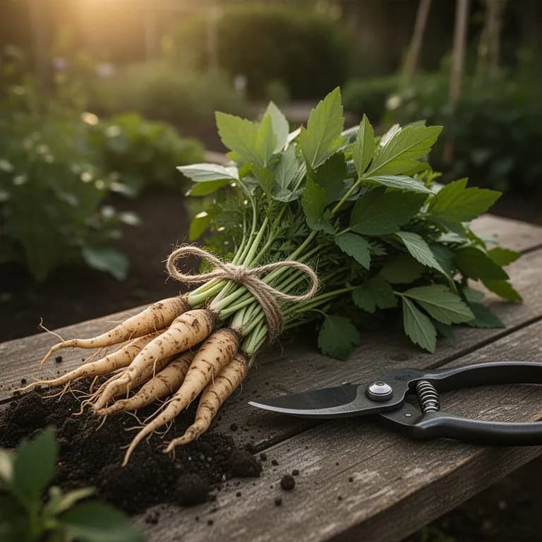 Raíces de dong quai recién cosechadas mostrando gruesas raíces pivotantes amarillo-pardas y ramificadas con aroma terroso
