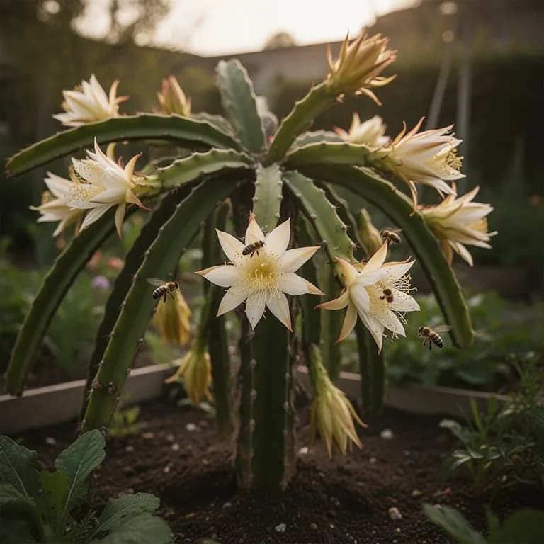 Large white dragon fruit flower blooming at night