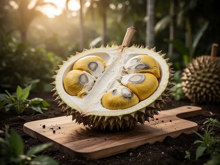 Mature durian tree loaded with large spiny fruits