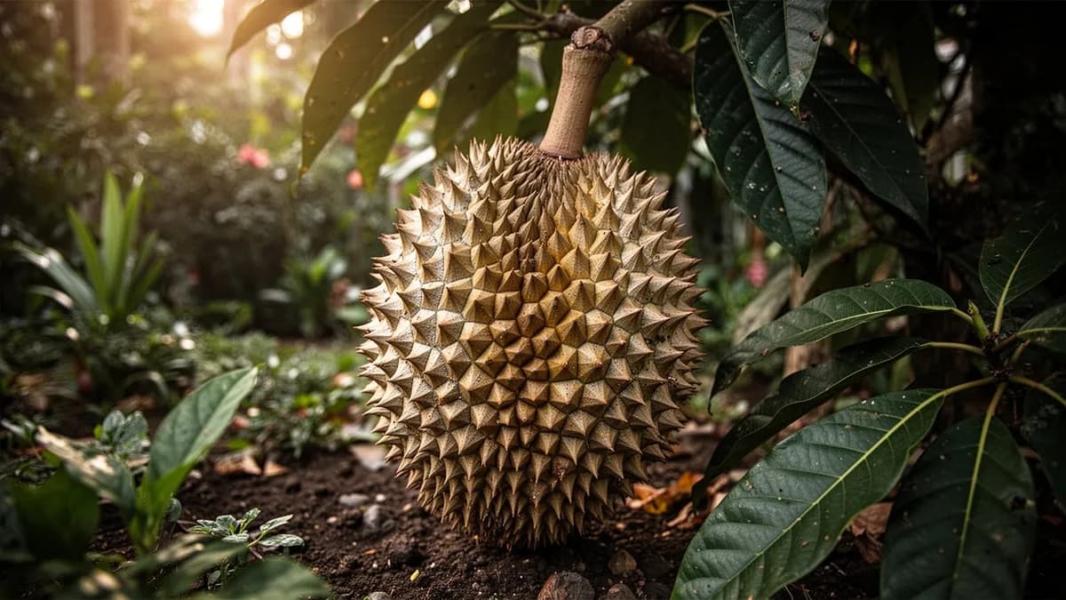 Durian maduro cargado de grandes frutos espinosos