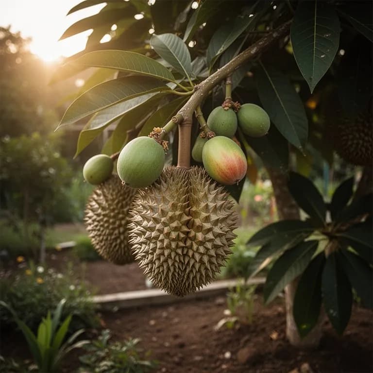 Plántula de durian injertada con la unión de injerto claramente visible en el tallo