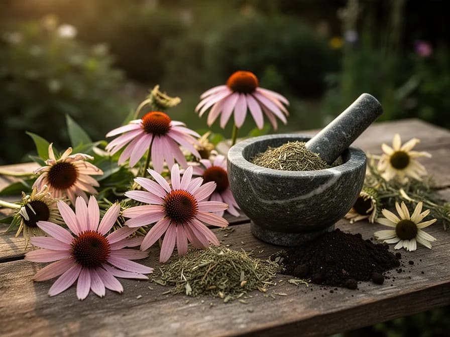 Getrocknete Echinacea-Samenstände, die hoch im Wintergarten stehen, mit Frost auf den stacheligen Zapfen