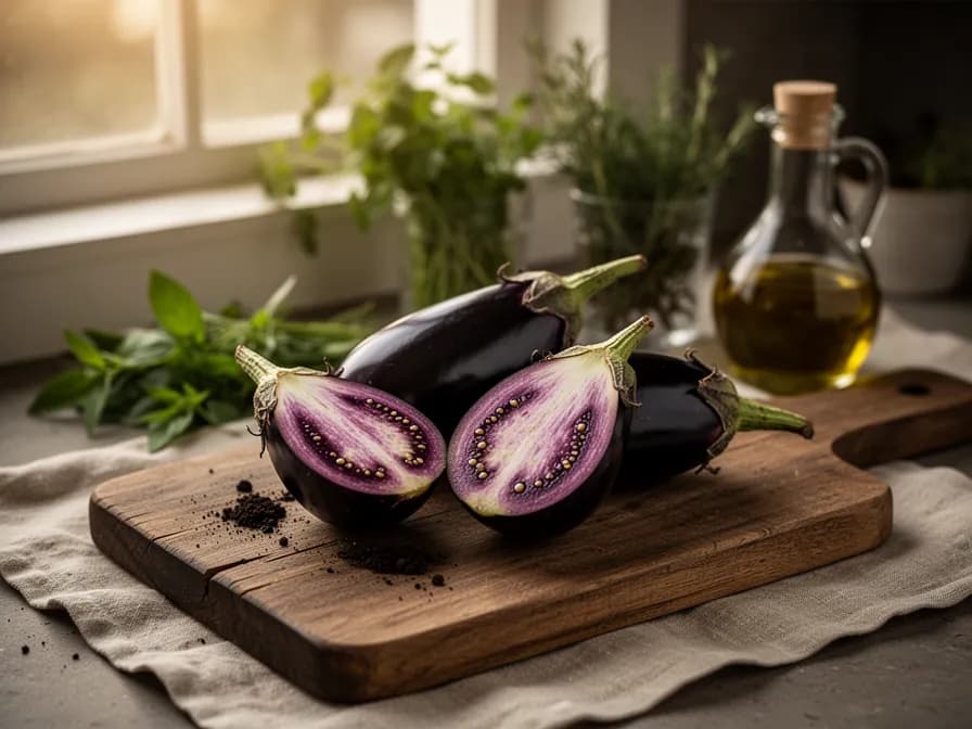 Sliced graffiti eggplant showing creamy white interior flesh
