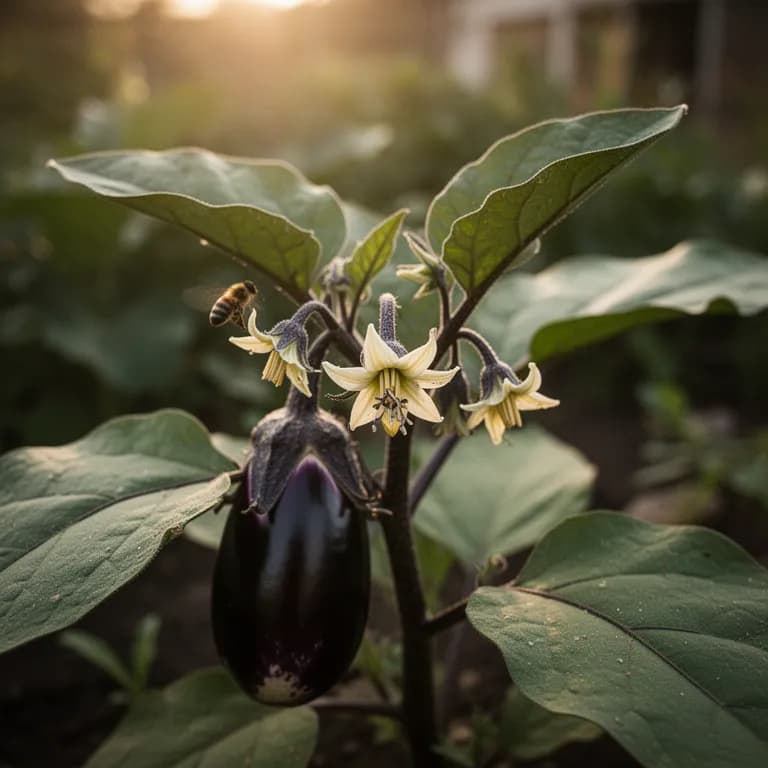 Purple eggplant flower with yellow stamen on graffiti eggplant plant