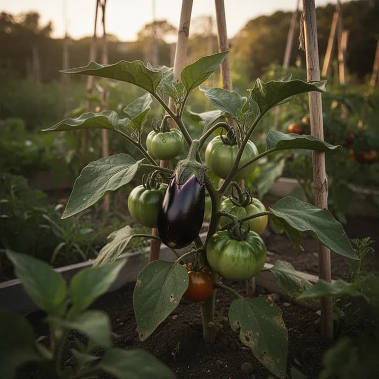 Ripe graffiti eggplant with purple and white striped skin on the plant