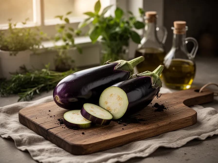 Querschnitt einer japanischen Aubergine mit cremig-weißem Fruchtfleisch und wenigen Kernen