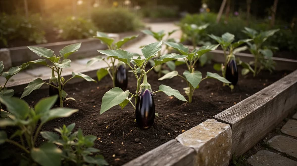 Japanische Auberginenpflanzen in einem sonnigen Hochbeet mit hängenden dunkelvioletten Früchten