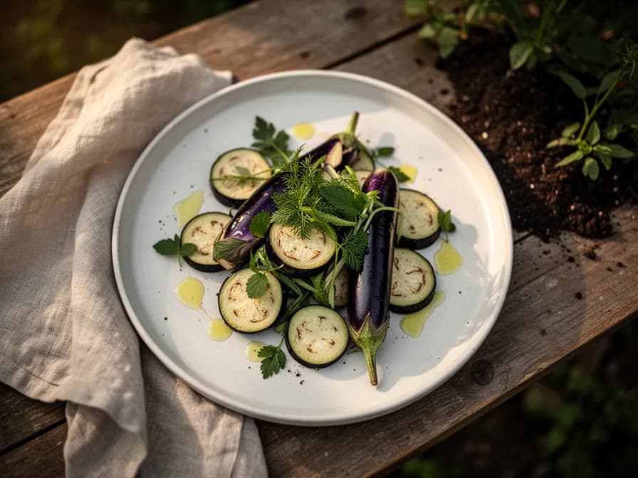 Gegrillte japanische Auberginenhälften mit Miso-Glasur auf einem Servierteller