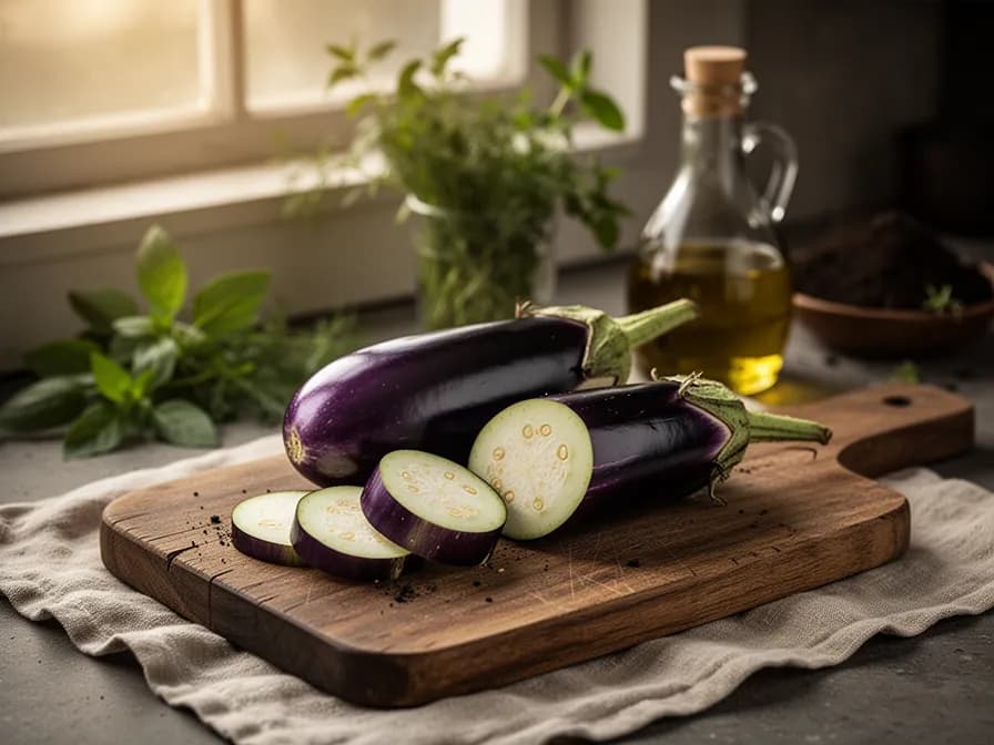 Cross-section of a Thai eggplant showing white flesh and small seeds