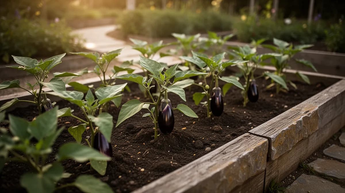 Compact Thai eggplant plants growing in a sunny raised bed garden