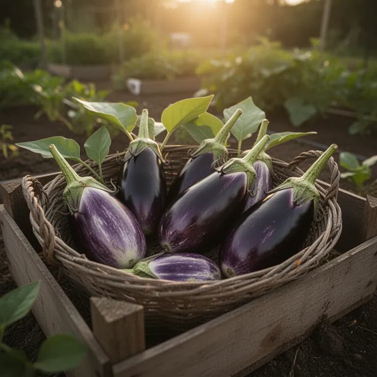 Freshly harvested Thai eggplants in a woven bamboo basket