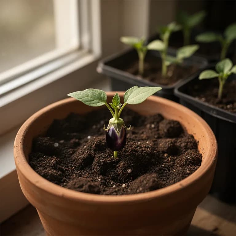 Young Thai eggplant seedling with dark green oval cotyledon leaves in a warm seed tray