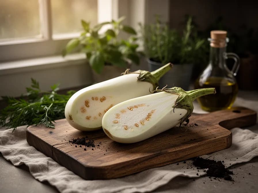 Cross-section of white eggplant showing creamy white interior flesh with minimal seeds