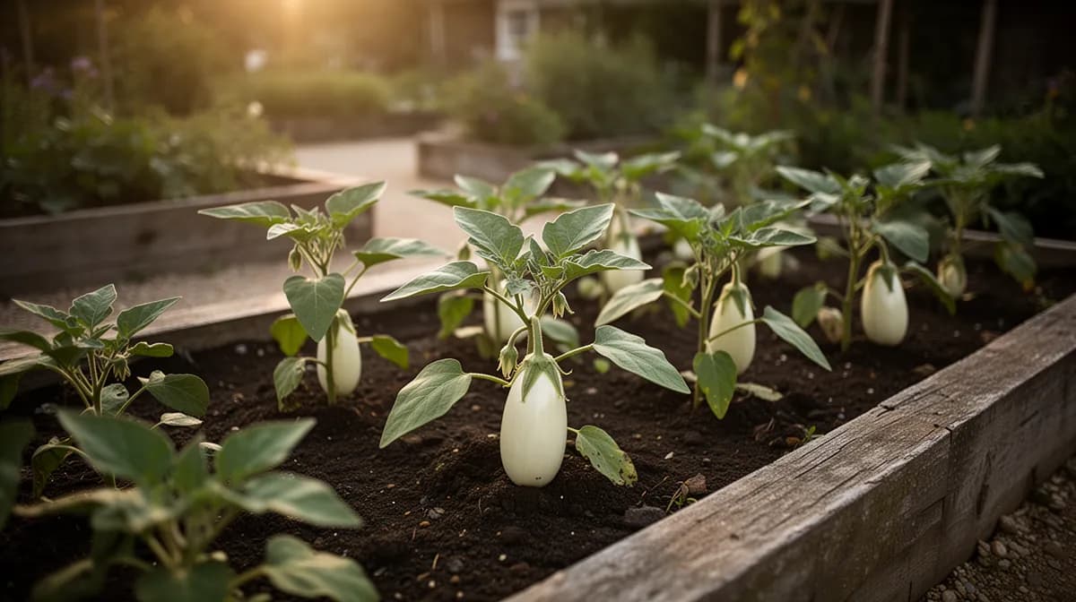 White eggplant plants growing in a sunny raised bed garden
