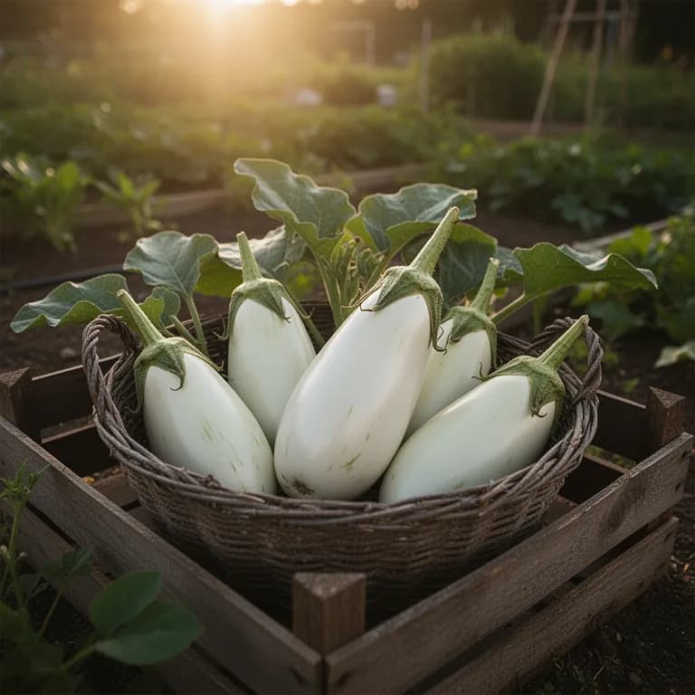 Glossy white eggplants freshly harvested in a garden basket