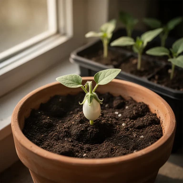 White eggplant seedling with rounded cotyledon leaves in a warm seed tray