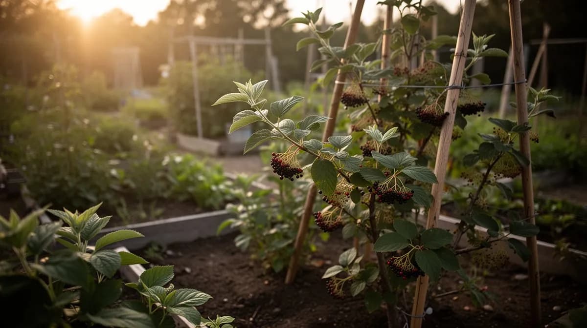 Holunderstrauch, der neben bestäuberfreundlichen Pflanzen in einem Gartenbeet wächst