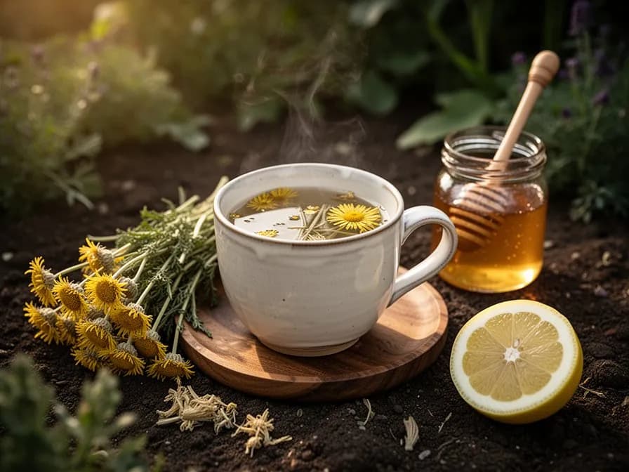 Taza de té de raíz de alant con rodajas de raíz seca