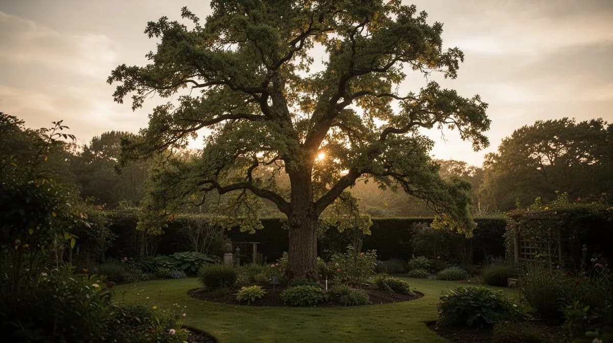 Mature elm tree with broad vase-shaped canopy providing dense shade