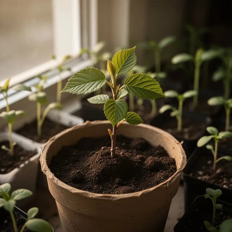 Young elm tree seedling emerging in spring