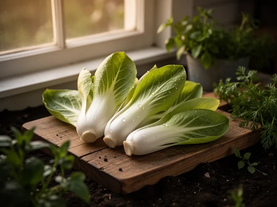 Endive plant with outer leaves tied together over the heart for blanching