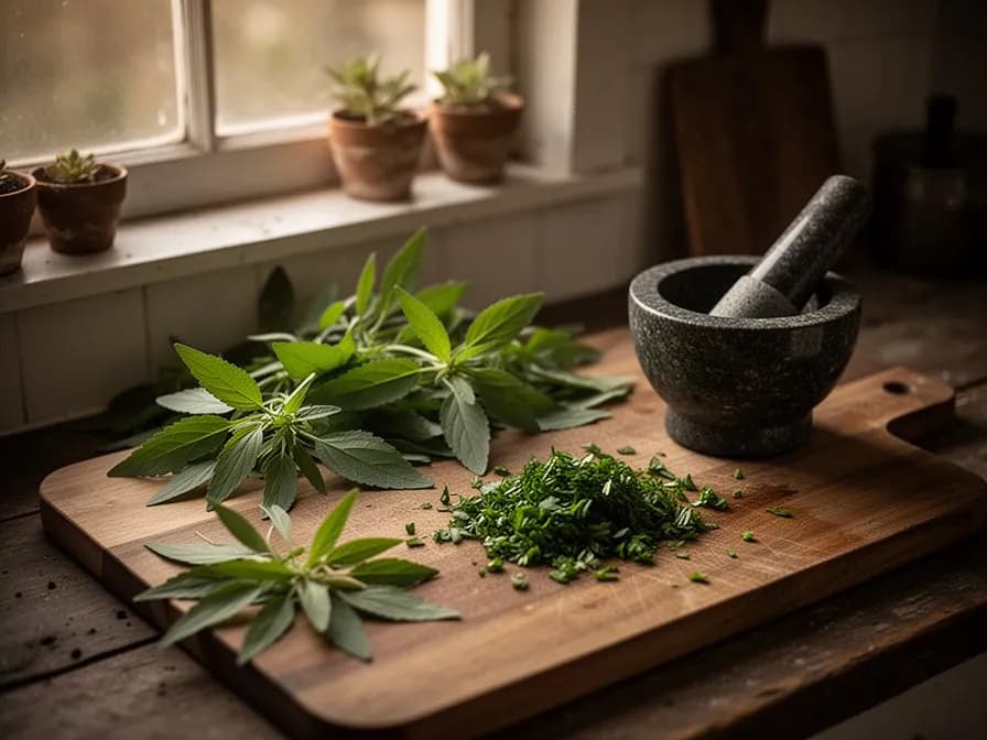 A clay pot of simmering black beans with a fresh sprig of epazote floating on the surface