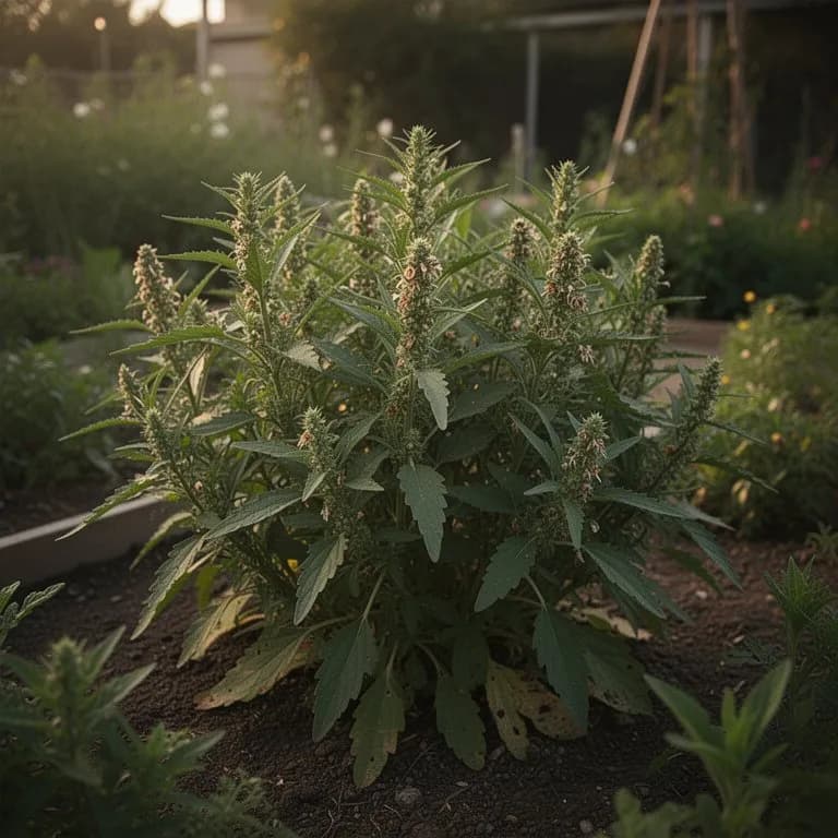 Planta de epazote adulta y frondosa con densa ramificación en un jardín de hierbas soleado