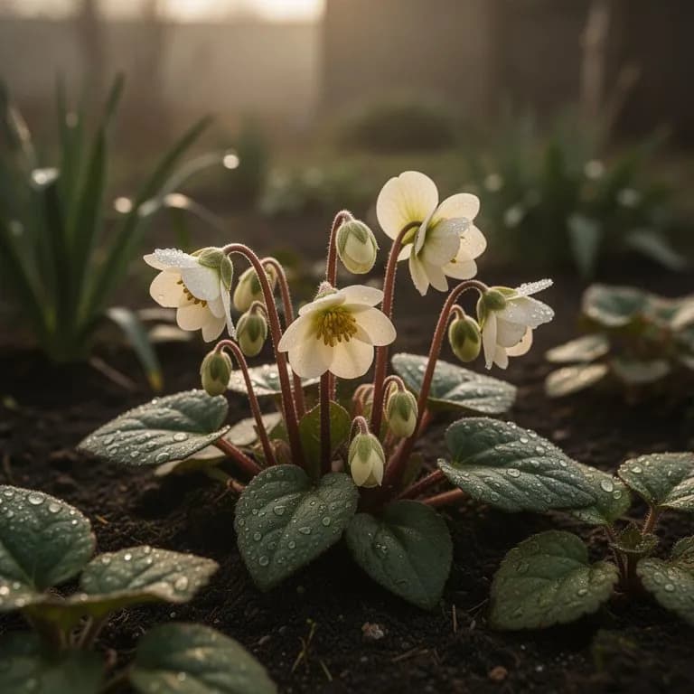 Zarte spinnenartige Epimedium-Blüten in sanften Gelb- und Rosatönen