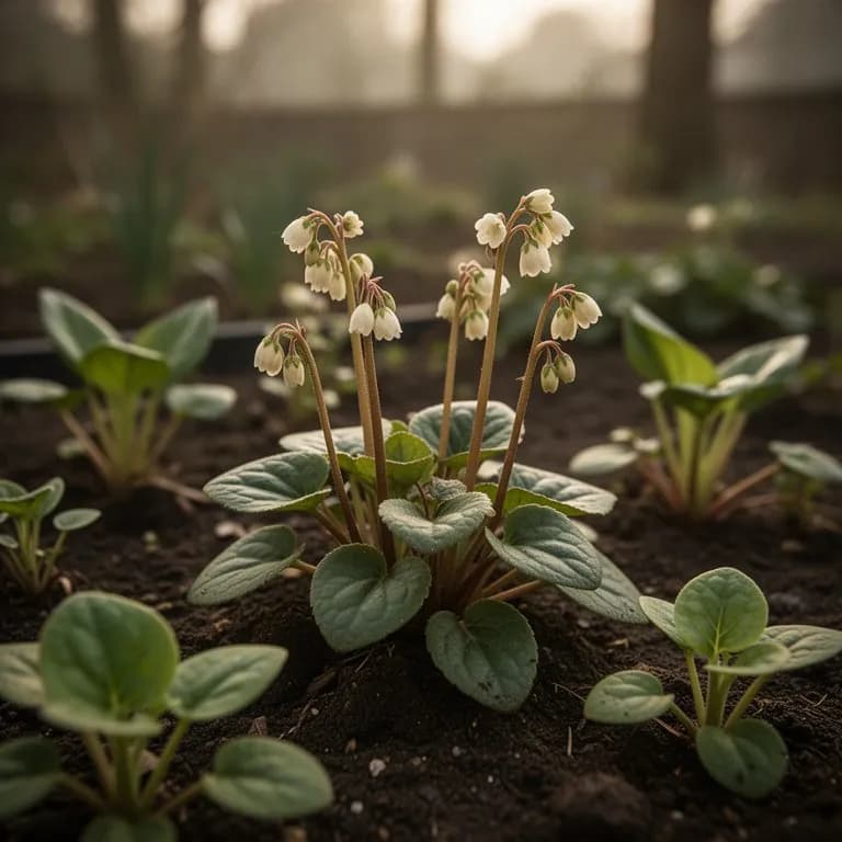 Frisches Frühlingslaub von Epimedium mit bronzegetönten herzförmigen Blättern beim Austreiben