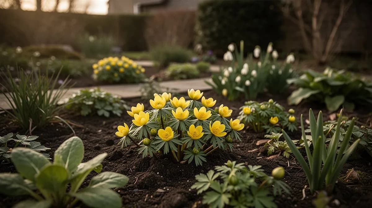 Eranthis hyemalis creciendo junto a campanillas de invierno Galanthus nivalis en un jardín boscoso