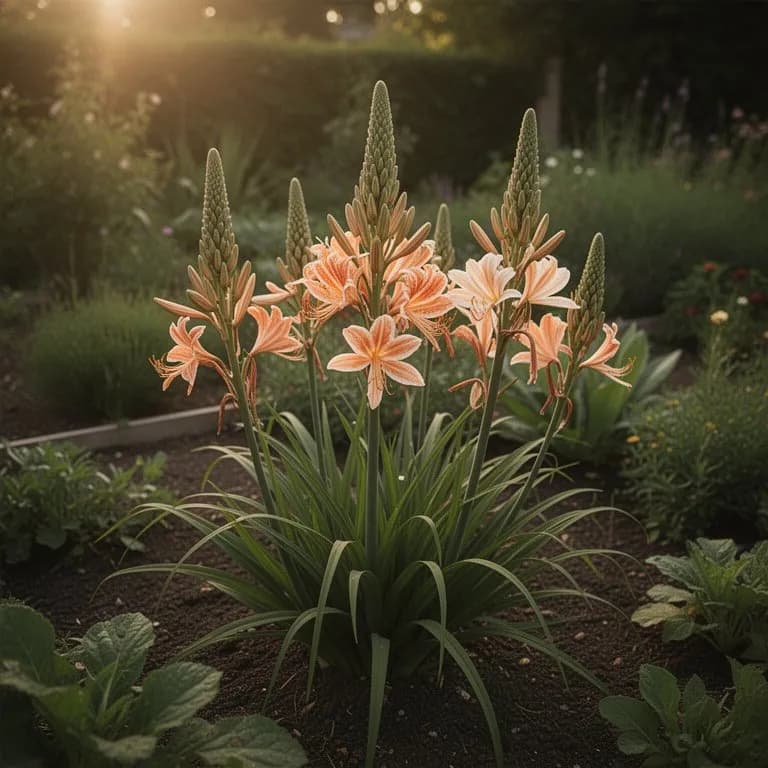 Una coleccion de variedades de eremurus en blanco, rosa, naranja y amarillo floreciendo juntas