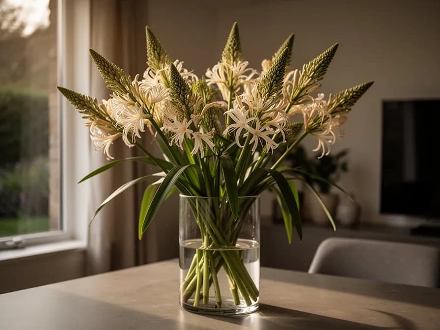 Tallos florales secos de eremurus dispuestos en un jarron alto como decoracion de interior