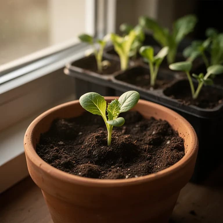 Junger Eskariol-Sämling mit kleinen, runden Blättern, der aus nährstoffreicher Gartenerde aufgeht