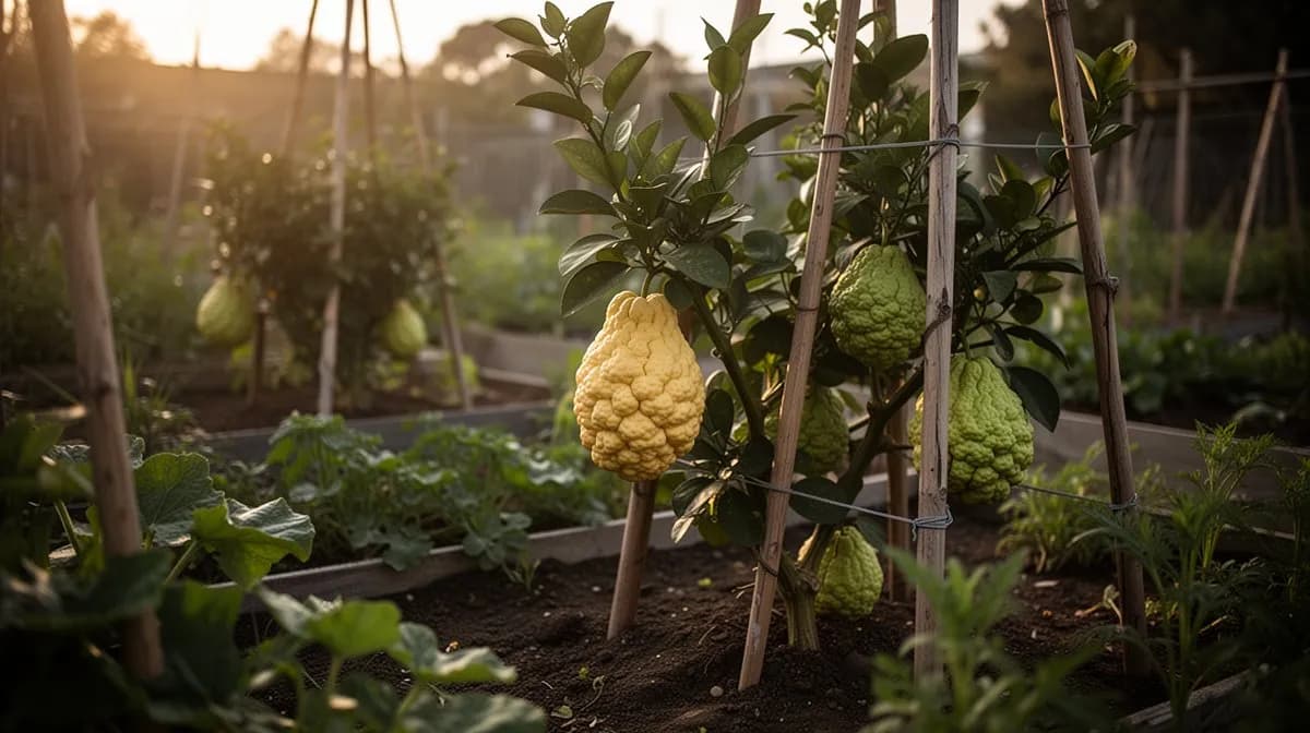 Árbol de etrog creciendo en un gran recipiente de terracota