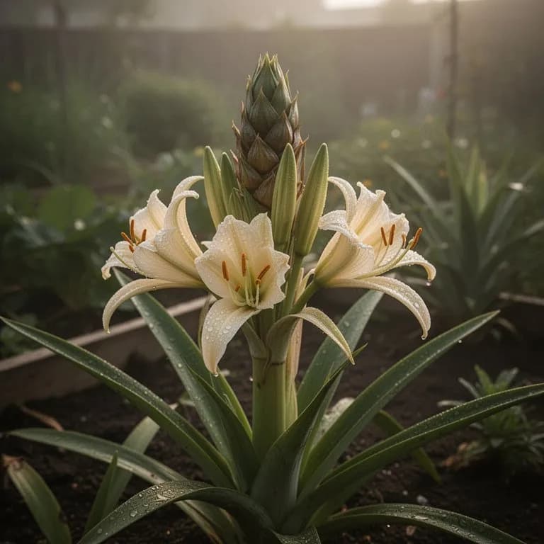 Nahaufnahme von Eucomis-Blüten mit sechsblättrigen sternförmigen Blüten mit purpurrandigen Tepalen und grünen Fruchtknoten