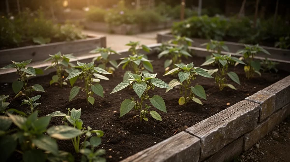 Ziegenaugenbohnen-Pflanzen, die an einem Spalier in einem sonnigen Gemüsegarten wachsen