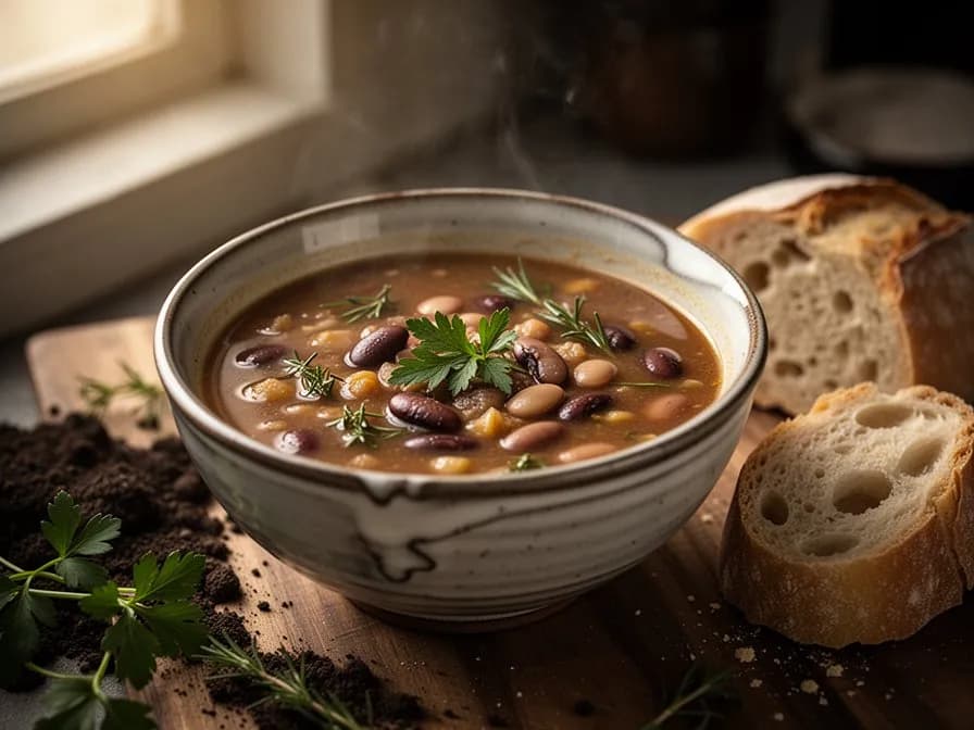 Eine rustikale Schüssel mit gekochten Ziegenaugenbohnen in einer herzhaften Tomatenbrühe
