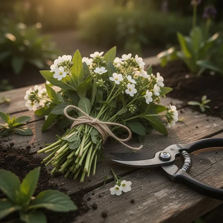 Partes aéreas de eufrasia recién recolectadas con flores y hojas dispuestas sobre una tabla de madera