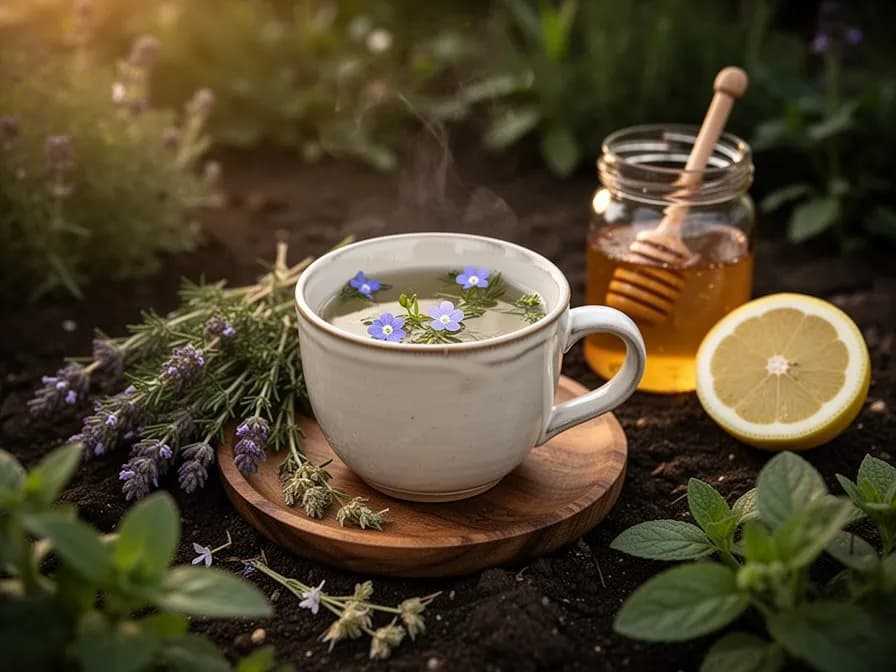 Una taza de infusión herbal de eufrasia de color dorado pálido con flores secas de eufrasia esparcidas alrededor