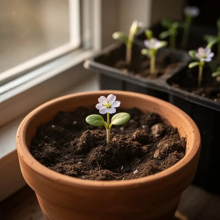 Diminuta plántula de eufrasia emergiendo junto a una gramínea hospedadora en un entorno de pradera