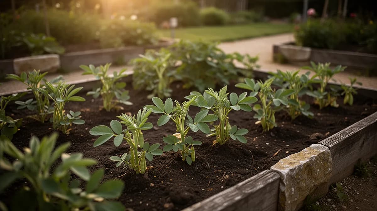 Reihe hoher Dickbohnen-Pflanzen mit Stützpfählen in einem Gartenbeet aufrecht wachsend