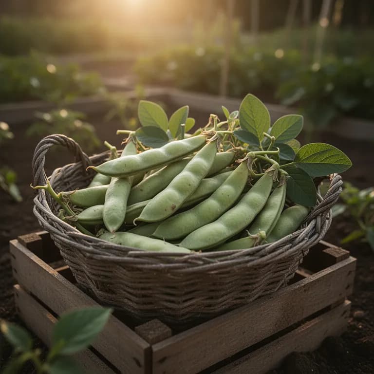 Frisch geerntete Hülsen der Dicken Bohne in einem Gartenkorb